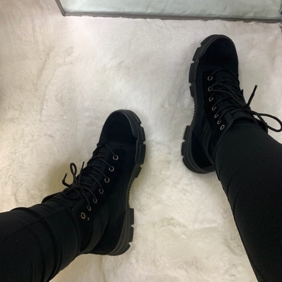 Canvas & Faux Suede Combat Boots in Black - Picture 7 of 8